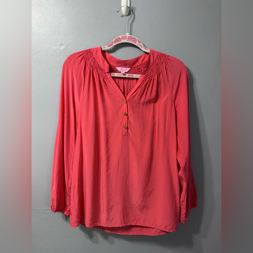 Lilly Pulitzer Elsa Silk Long Sleeve Blouse Coral Pink Womens Small Smocked Top